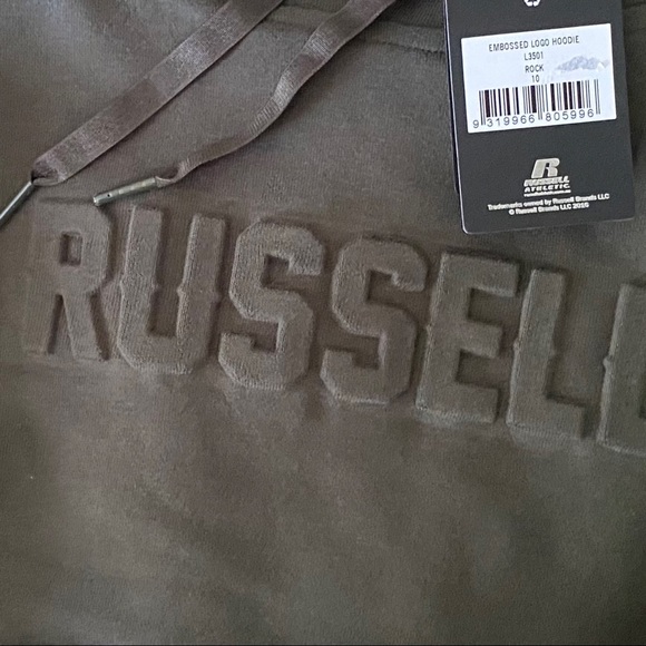 Womens unisex Russell Athletic embossed logo hoodie jumper front pocket green - Picture 4 of 8